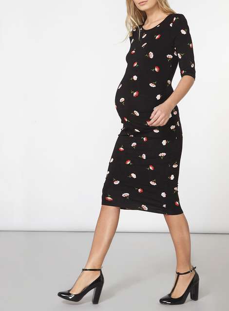 Maternity Black Floral Ruched Dress